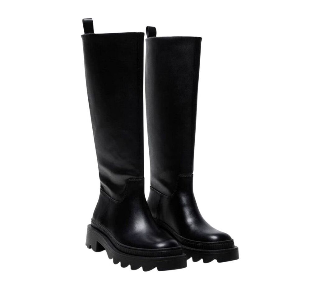Mango Women's Lugged Track Sole Pull-on High Boots Black Size 39 US8.5-9 NWT